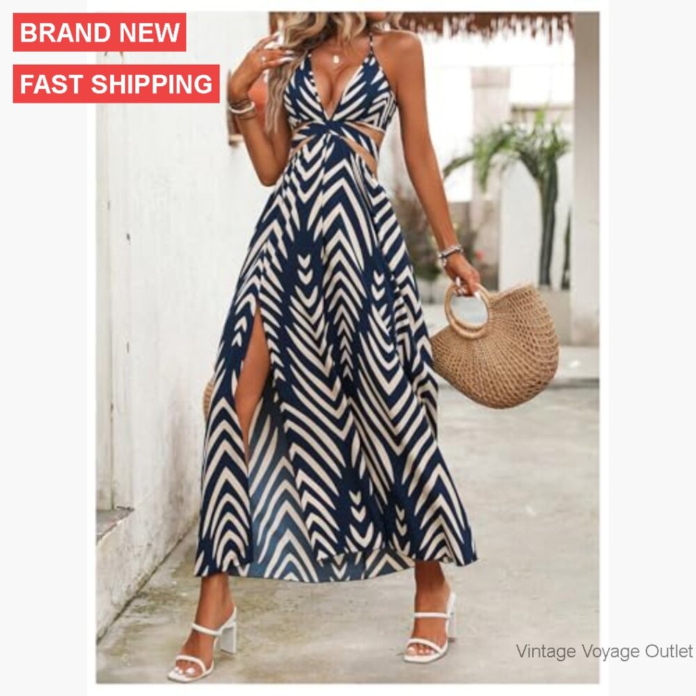 Polyester Maxi Dress with High Split Backless Hal… - image 5